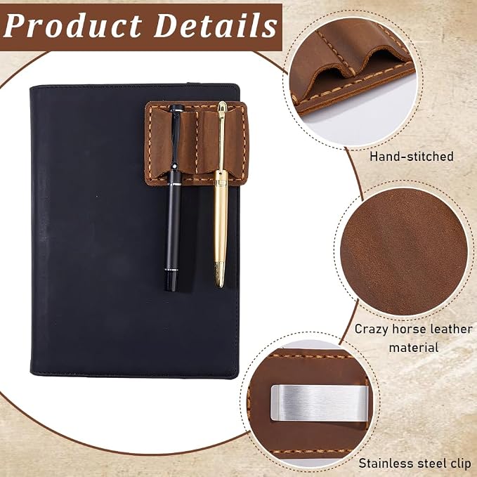 CRASPIRE Handmade Leather Pen Holder Clip Brown Notebook Double Slots Pens Loop - Image 5