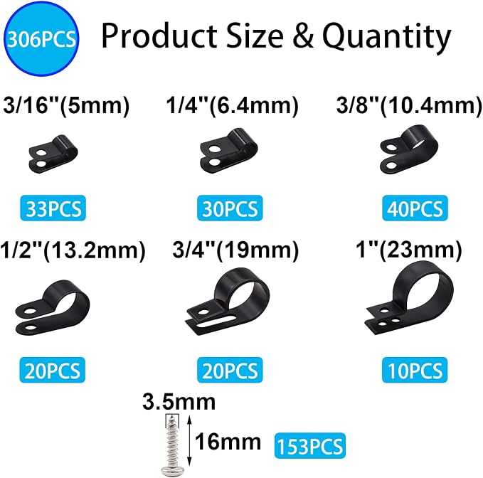 TWTADE 306PCS Black Cable Clamps Nylon Plastic R-Type 6 Sizes 3/16'' 1/4'' - Image 2