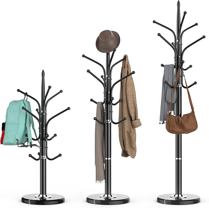 Heavy Duty Coat Rack with Marble Base, Freestanding Hall Coat Tree with 12 Hooks and 3 Adjustable Sizes, Metal Coat Rack Stand for Entryway, Bedroom, Office Hanging Purses, Coats, Scarves, Hats-DeskLoop Office
