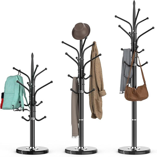Heavy Duty Coat Rack with Marble Base, Freestanding Hall Coat Tree with 12 Hooks and 3 Adjustable Sizes, Metal Coat Rack Stand for Entryway, Bedroom, Office Hanging Purses, Coats, Scarves, Hats-DeskLoop Office