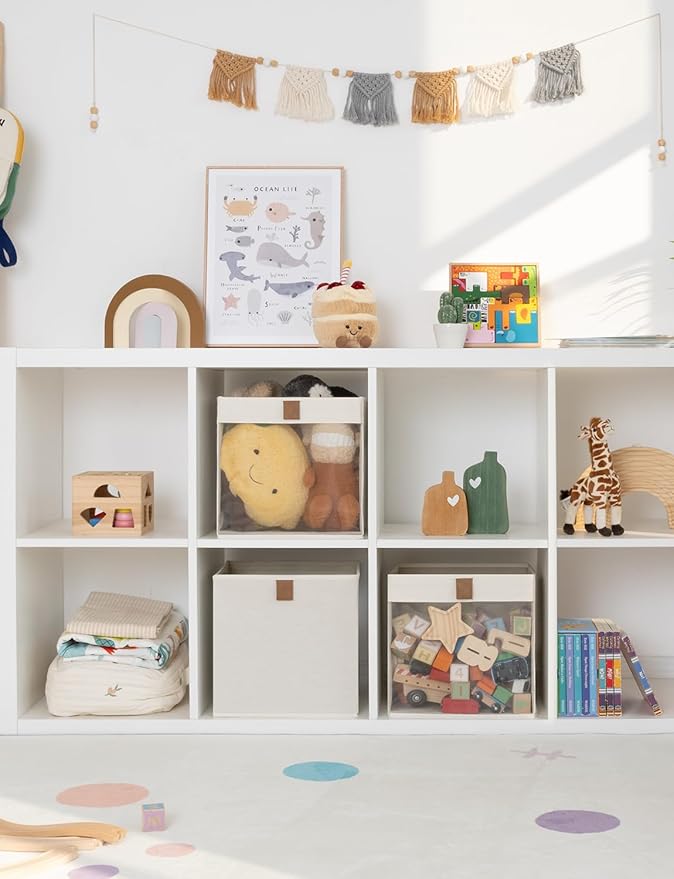 StorageWorks 11x11 Storage Cubes, Closet Storage Bins with Clear Window, Fabric Organizer for Clothes, Collapsible Storage Baskets with PU Handles, Beige, 3-Pack-DeskLoop Office