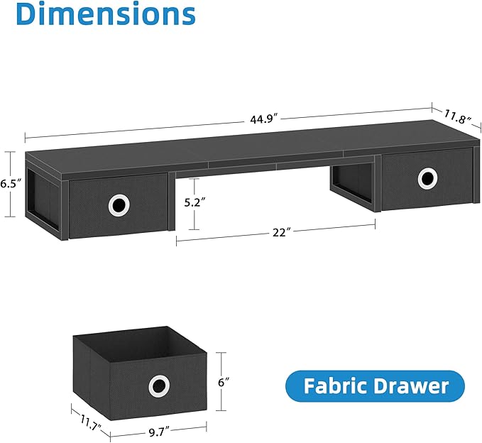 45" Large TV Riser with Fabric Drawers for 32-60 inch TV, TV Stand Riser with Steel Legs, Tabletop TV Riser Shelf, Monitor Stand Riser for Home Office, Black-DeskLoop Office