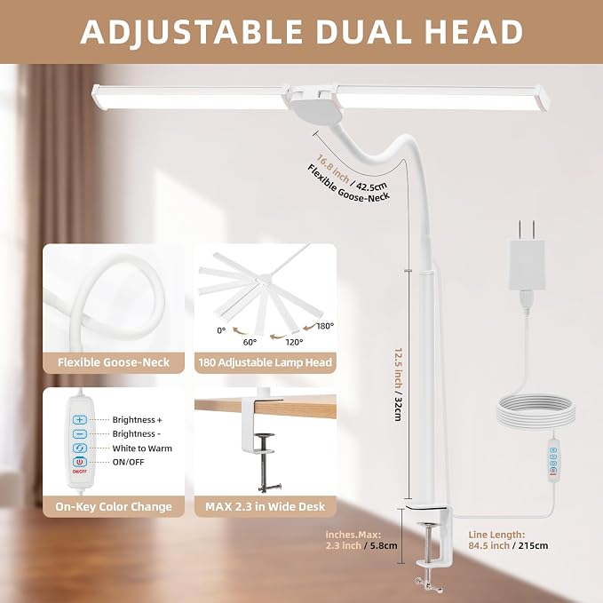 Voncerus LED Desk Lamp for Home Office, Double Head Architect Light - Image 4