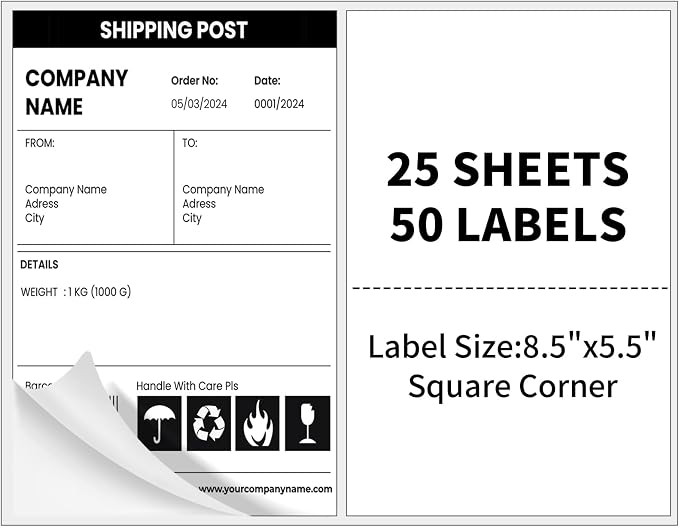 25 Sheets 50 Labels Half Sheet Self Adhesive Shipping Labels by Muotich