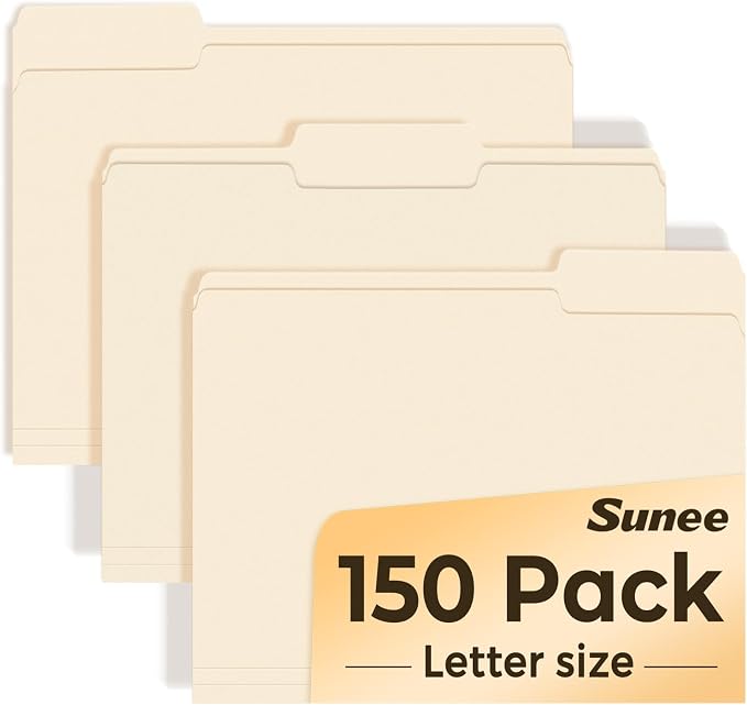 SUNEE File Folders, 150 Pack Manilla Folders 8.5 x 11, 1/3 Cut Tab by SUNEE