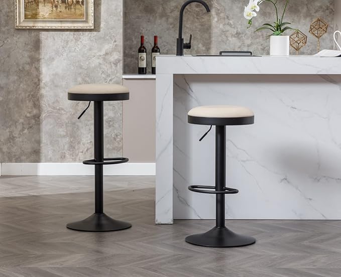 Round Swivel Counter Height Bar Stools Set of 2 Modern Adjustable Barstools Backless PU Leather Bar Chairs Industrial Island Chairs with Metal Base/Footrest for Kitchen Island/Pub/Cafe Beige-DeskLoop Office