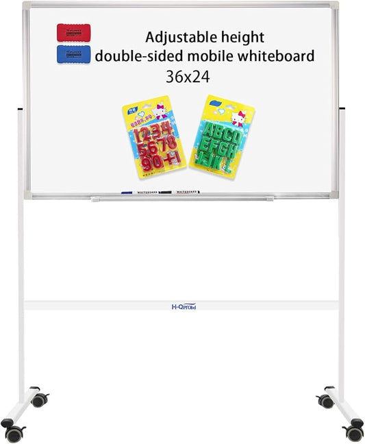 H-Qprobd Mobile Whiteboard 36"x24" Magnetic Dry Erase Board with Stand - Adjustable Height Double Side Rolling White Boards on Wheels for Home, Office & School-DeskLoop Office