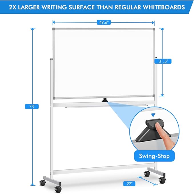 Maxtek Rolling White Board on Wheels 48x32 inch Double Side Magnetic Dry Erase - Image 2
