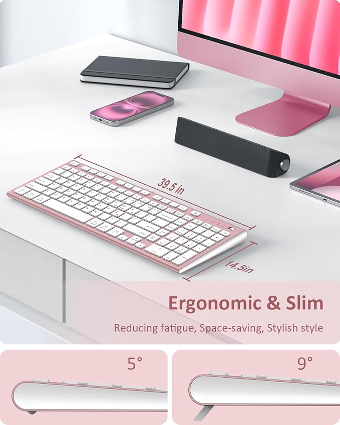 FENIFOX Wireless Keyboard, Bluetooth + USB Ergonomic Silent Quiet Rechargeable with Number Pad Cute Compact Full Size Multi Device Keyboards for iPad Tablet Mac Computer Surface PC MacBook Laptop Pink-DeskLoop Office