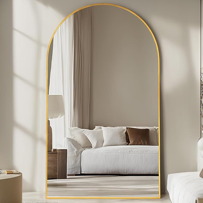 Full Length Mirror, 91"x46" Oversized Floor Mirror Freestanding, Full Body Mirror Floor Standing Mirrors with Stand, Hanging Mounted Mirrors for Bedroom Living Room, Gold, Arched Style-DeskLoop Office