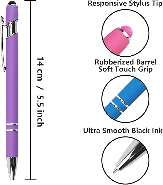 Ballpoint Pen with Stylus Tip, Soft Touch Click Metal Pen, 1.0mm Medium Point, Black Ink, 12 Count(Purple)-DeskLoop Office