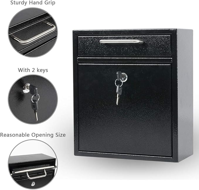 KYODOLED Steel Key Lock Mail Boxes for Outside, Locking Wall Mount Mailbox, Security Key Drop Box,12H x 10.51L x 4.68W Inches, Black Large-DeskLoop Office