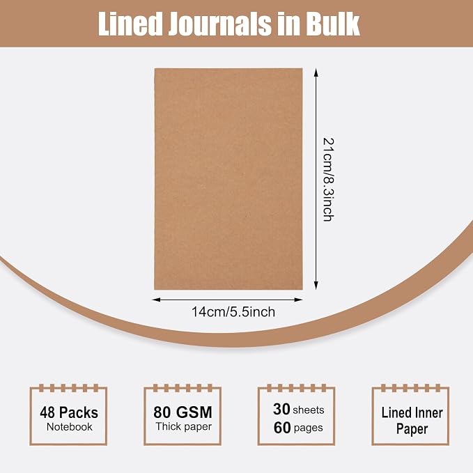 EOOUT 48 Pack A5 Lined Kraft Notebooks, Travel Journals Bulk 8.3x5.5in College - Image 2