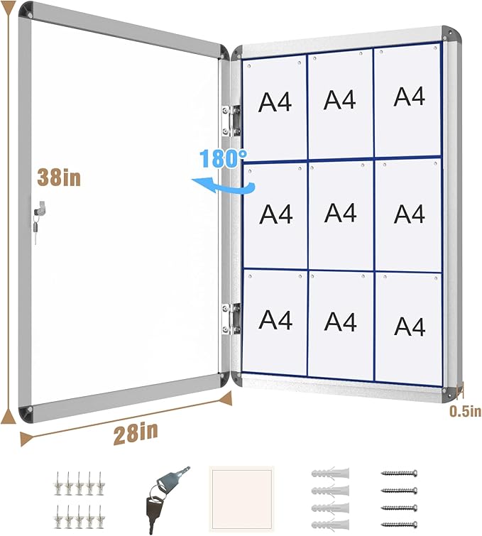 38"x28" Enclosed Bulletin Board, Lockable Weather-Resistant Aluminum Cork Noticeboard for School & Office, Silver Frame w/Blue Flet-DeskLoop Office