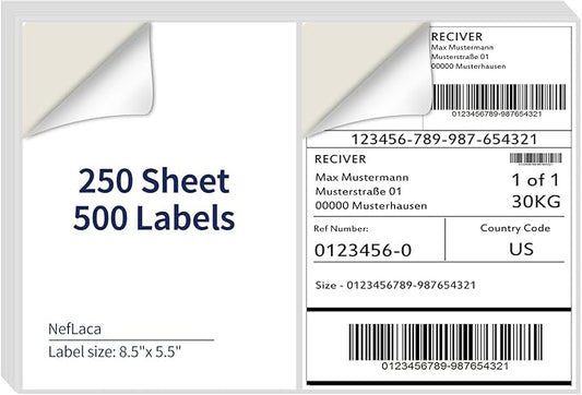 8.5" x 5.5" Half Page Self Adhesive Shipping Label, Compatible Laser & Inkjet Printers, White, 2 Labels Per Sheet(250 Sheet Total 500 Labels)-DeskLoop Office