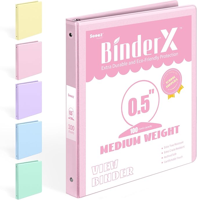 BinderX Extra Durable 3 Ring Binder, Round Rings 0.5 Inch Binder, Fits 100 by Sooez