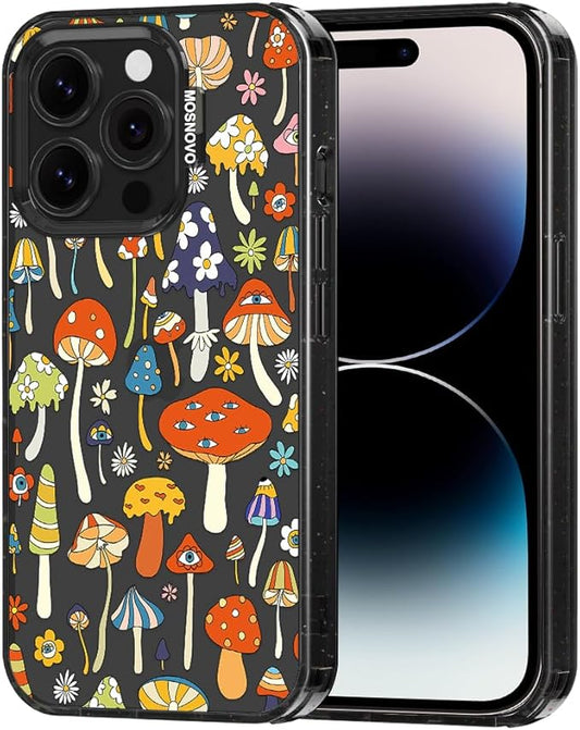 MOSNOVO Case for iPhone 14 Pro, [10ft 4X Military-Grade Drop Protection] Durable & Shockproof Phone Case Cover Design for iPhone 14 Pro - Mushroom Art - Clear Black-DeskLoop Office