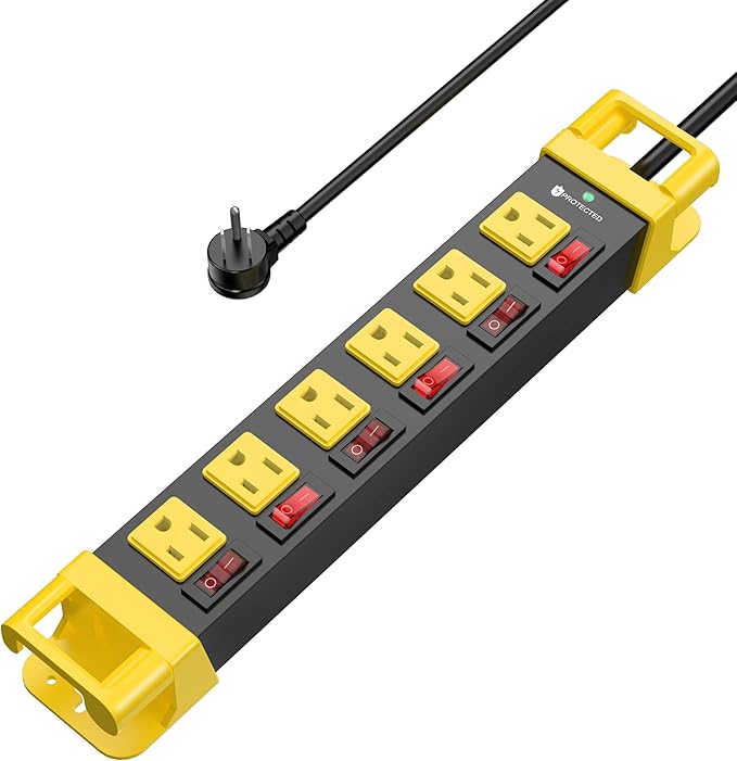 Heavy Duty Power Strip - 6 Outlet Power Strip with Individual Switches Cord Manager Surge Protector 1200J Home Office Garage Industrial Workbench-DeskLoop Office