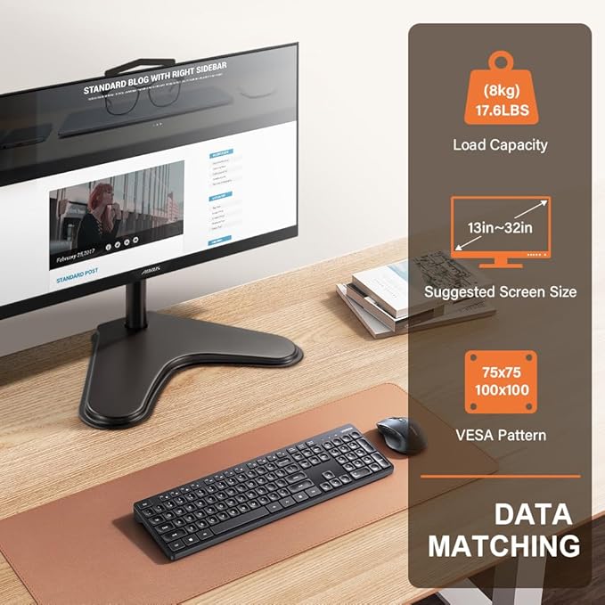 KKTONER Single Computer Monitor Stand Metal Base Free Standing Desk Vesa Mount for 13 inch to 32 inch Screen Height Adjustable Monitor Mount Full Motion Swivel Vesa 75*75mm/100*100mm Hold up 17.6Lbs-DeskLoop Office
