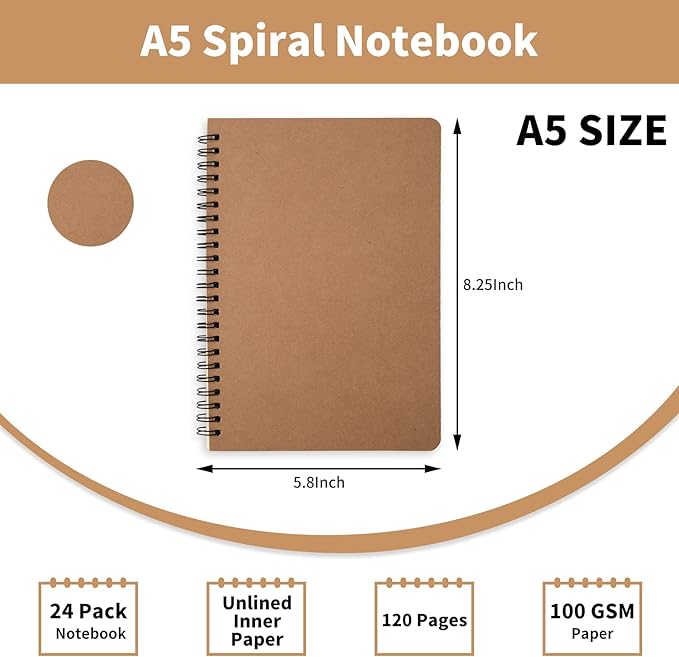 24 Pack A5 Spiral Notebook,Soft Cover,Blank Sketch,Wire-Bound Journal Notebook,120 Pages, Unlined Paper Diary Notebook for Office, Business, School Supplies-DeskLoop Office