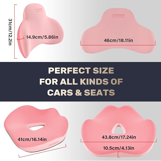 Coverado Seat Cushion and Lumbar Support Pillow for Car Office Chair, Ergonomic Memory Foam Desk Chair Cushion Back Support Pillow, Sciatica & Back & Tailbone Pain Relief Cushion-Pink-DeskLoop Office