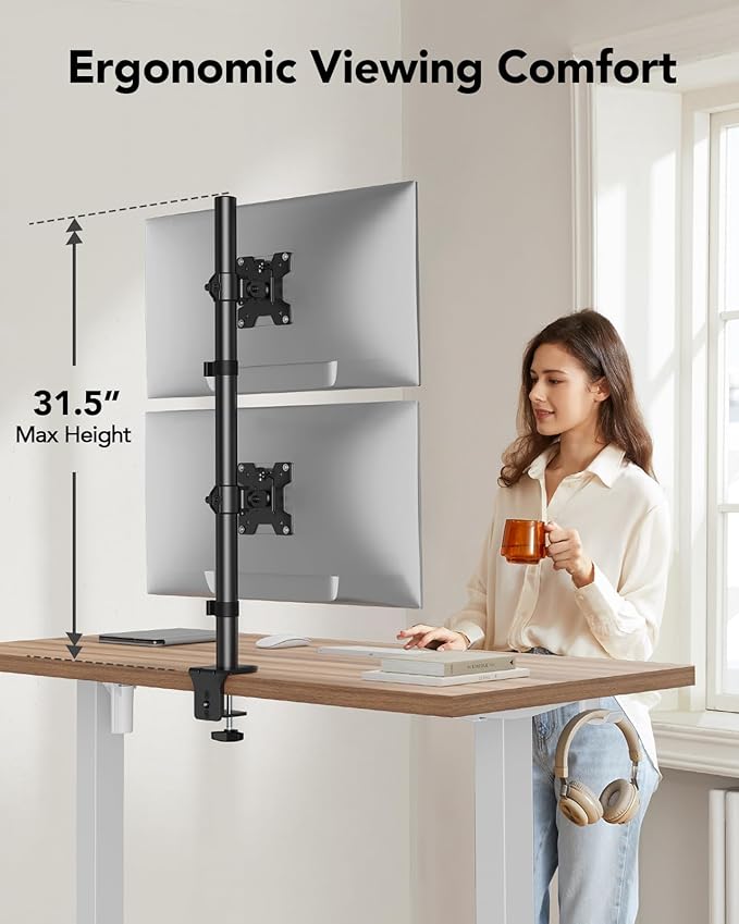 HUANUO Vertical Dual Monitor Mount, Stacked Monitor Stand for 2 Monitors with Height Adjustment Computer Monitor Arm Supports Two 17 to 32 Inch with C Clamp Each Desk Mount Hold up to 17.6lbs-DeskLoop Office
