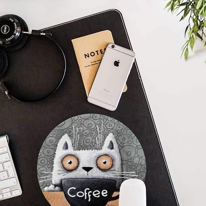 Round Mouse Pad, Anti Slip Rubber Round Cartoon Coffee Cat Mousepads Desktops - Image 2