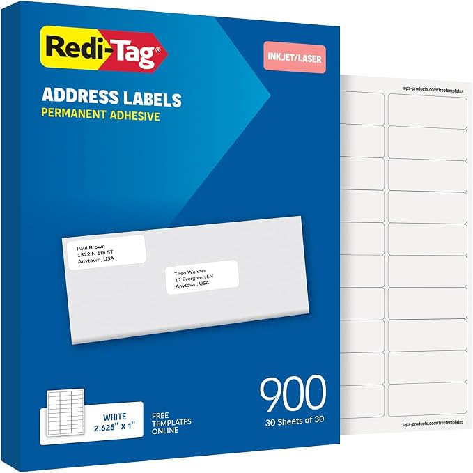 Redi-Tag 1" x 2.63" Address Labels, 900 per Pack, Laser and Inkjet Printer by Redi-Tag