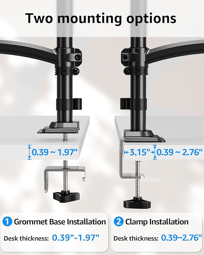 Dual Monitor Stand Holds 4.4-22 lbs Each, Dual Monitor Mount Height up to 26.6 inch, Gas Spring Monitors Arm for Max 32 inch Computer, VESA Mount with C-clamp & Grommet Mounting, Freelift Black-DeskLoop Office