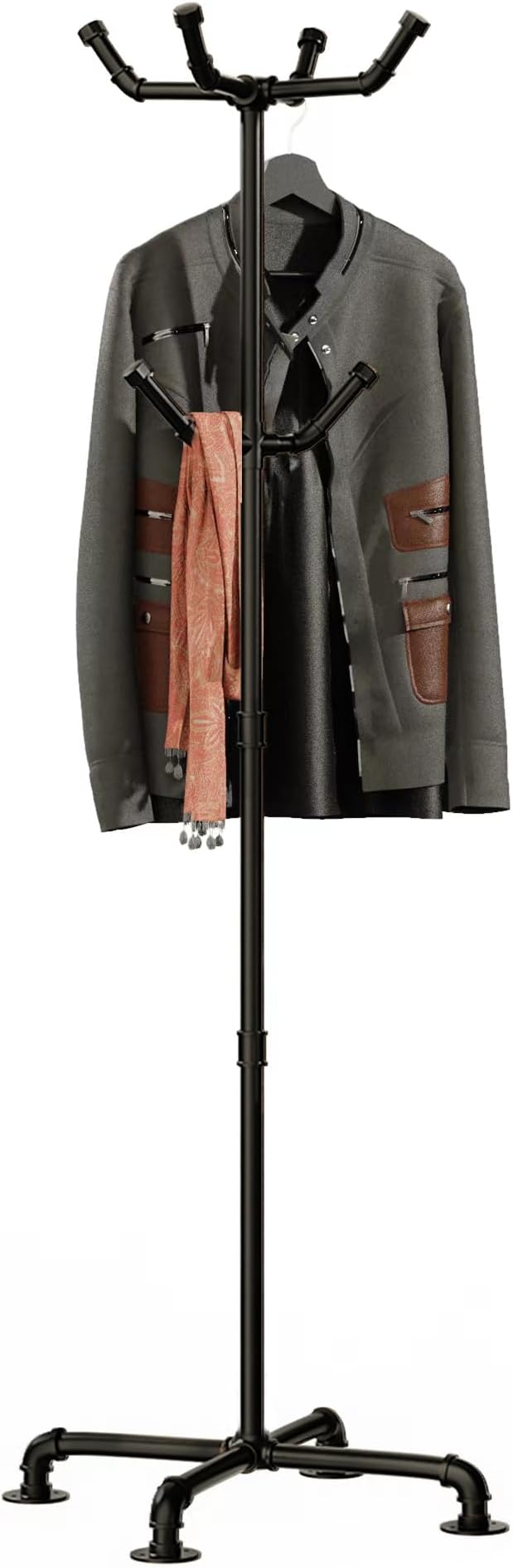 Industrial Coat Rack,Metal Pipe Coat Rack Stand Freestanding with 6 Hooks,Heavy Duty Coat Tree Sturdy Coat Racks for Entryway, Hallway, Bedroom (Black)-DeskLoop Office