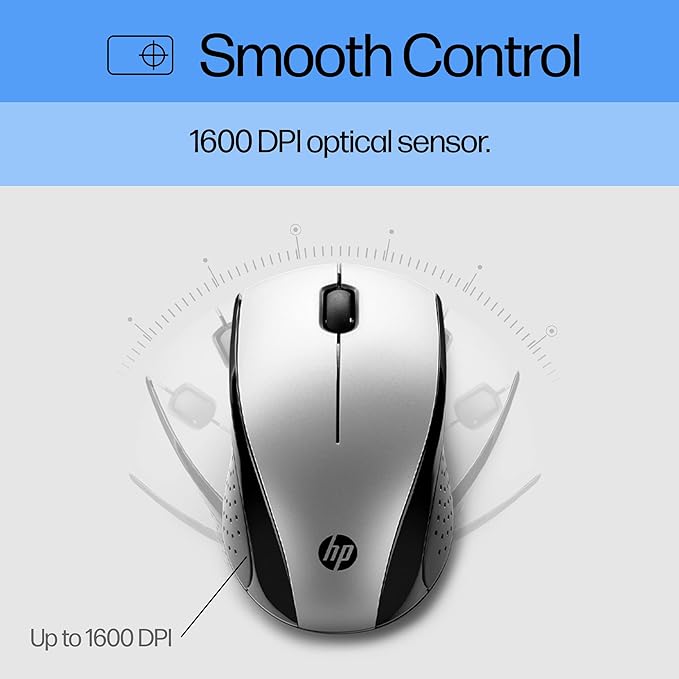 HP X3000 G3 Wireless Mouse Silver, up to 15-Month Battery,Scroll Wheel, Side Grips for Control, Travel-Friendly, Blue LED, Powerful 1600 DPI Optical Sensor, Win XP,8, 11 Compatible (683N9AA#ABL)-DeskLoop Office