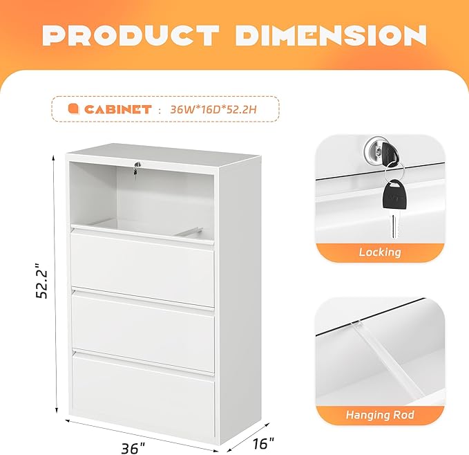 Superday Lateral File Cabinet 4 Drawer Metal File Cabinet with Lock, White Filing Cabinets for Home Office, Locking Filing Cabinets Hanging Files Letter/Legal/F4/A4-DeskLoop Office