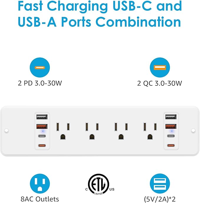 HHSOET 16 in 1 Recessed Power Strip Flat Plug, 30W Fast Charging Furniture Outlet with USB, Conference Recessed Surge Protection with 8 AC Plugs, 4 USB Ports 4 USB-C, 10ft Power Cord.(White)-DeskLoop Office