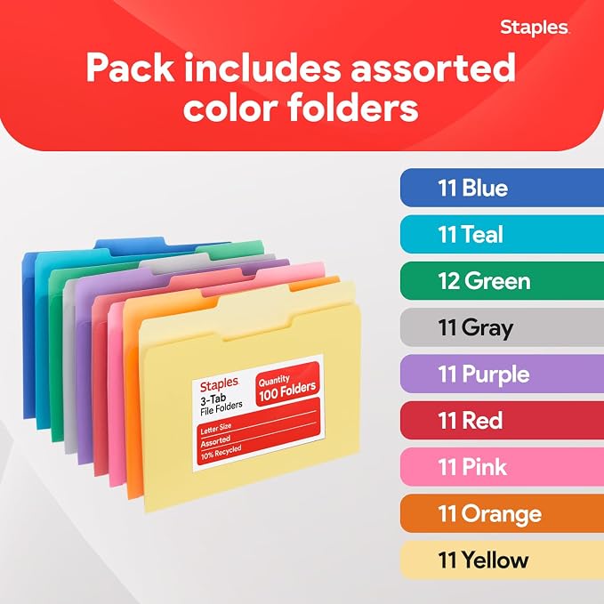 Staples File Folders, Letter Size, 1/3‑Cut Tabs, Durable 10.5‑Point Paper Stock - Image 8