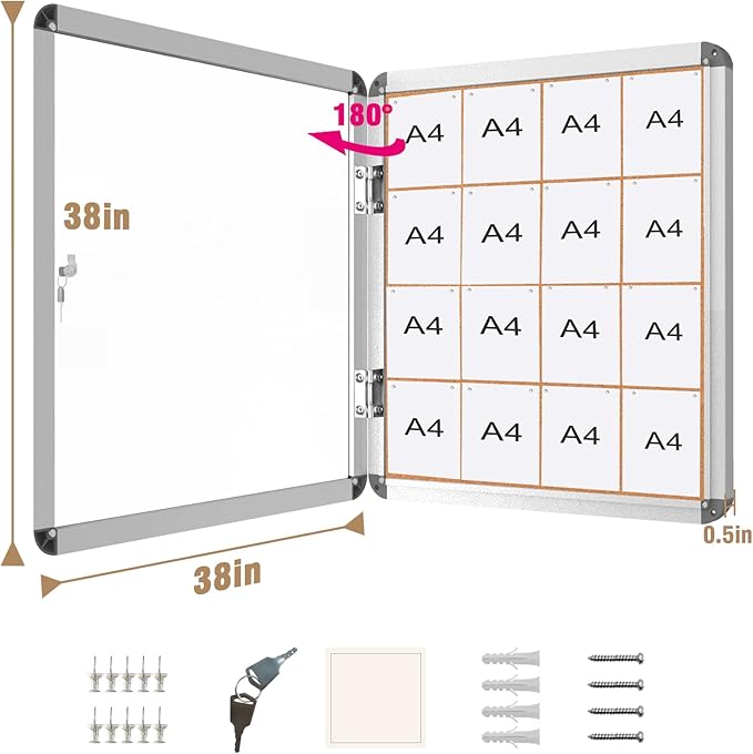 38"x38" Enclosed Bulletin Board, Lockable Weather-Resistant Aluminum Cork Noticeboard for School & Office, Silver Frame w/Cork-DeskLoop Office