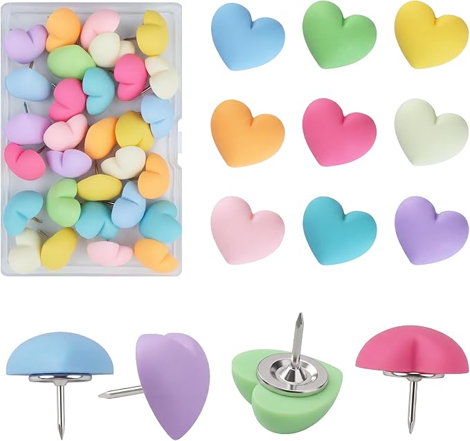 30 Pcs Decorative Push Pins Soft Love Heart Thumbtacks in 9 Colors Cute Office by Sohalejr