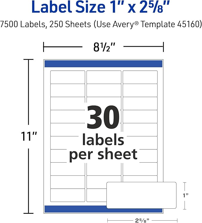 Avery Easy Peel Printable Address Labels with Sure Feed, 1" x 2-5/8" Customizable Stickers, White, 7,500 Blank Mailing Labels, Great for Mailing, Shipping, and More (45160)-DeskLoop Office