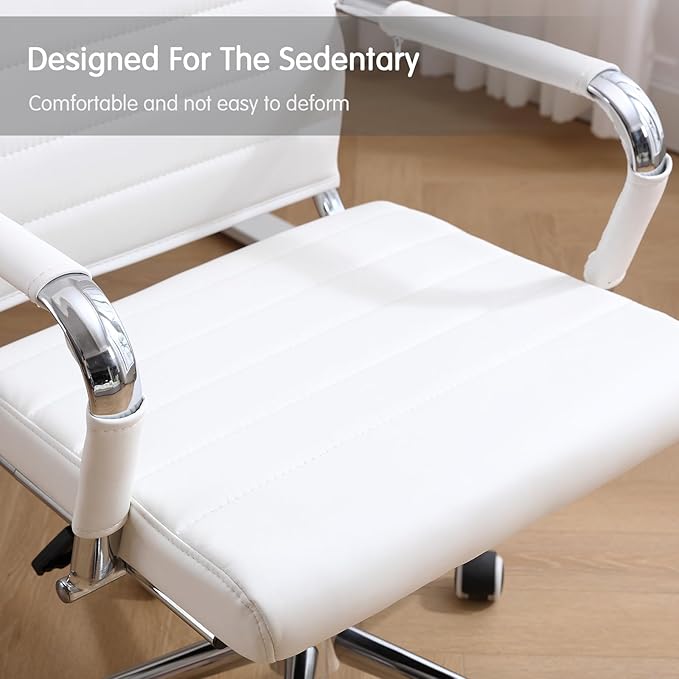 Home Office Chair Ribbed, Modern Leather Conference Room Chairs, Ergonomic Office Desk Chair, High Back Executive Computer Chair, Adjustable Swivel Chair with Arms (White)-DeskLoop Office