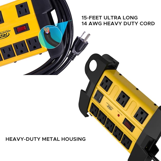 Heavy Duty Surge Protector Power Strip with USB-C Ports, CRST 8-Outlet Metal Industrial Power Block with 15A Circuit Breaker, 15ft Extension Cord, 1350 Joules for Workshop, Garage, Office, Shop…-DeskLoop Office