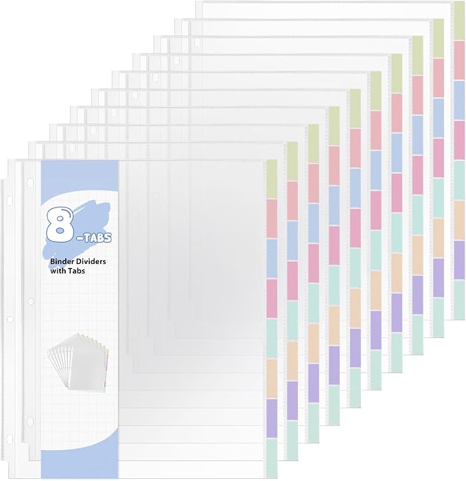 10 Sets 80Pcs Clear Sheet Protector Sleeves, Plastic 3 Ring Binder Dividers | by Prudiut
