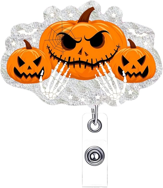 Halloween Pumpkin Badge Reel Cute Glitter Badge Holder Badge Clip Nurse Badge Reel Halloween Handbone Retractable Name Badge Name Tag Holder Nursing Student Social Worker Gift for Coworker-DeskLoop Office