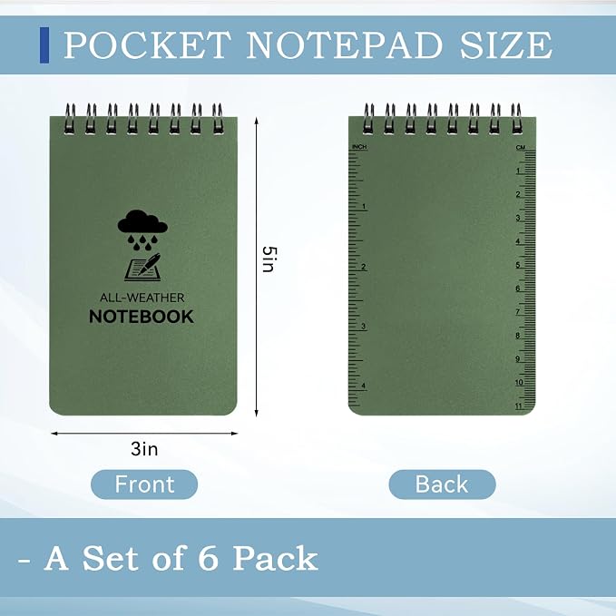 6 Pack Waterproof Notebook, 3 x 5 Pocket Notepad, Top-Spiral Weatherproof - Image 2