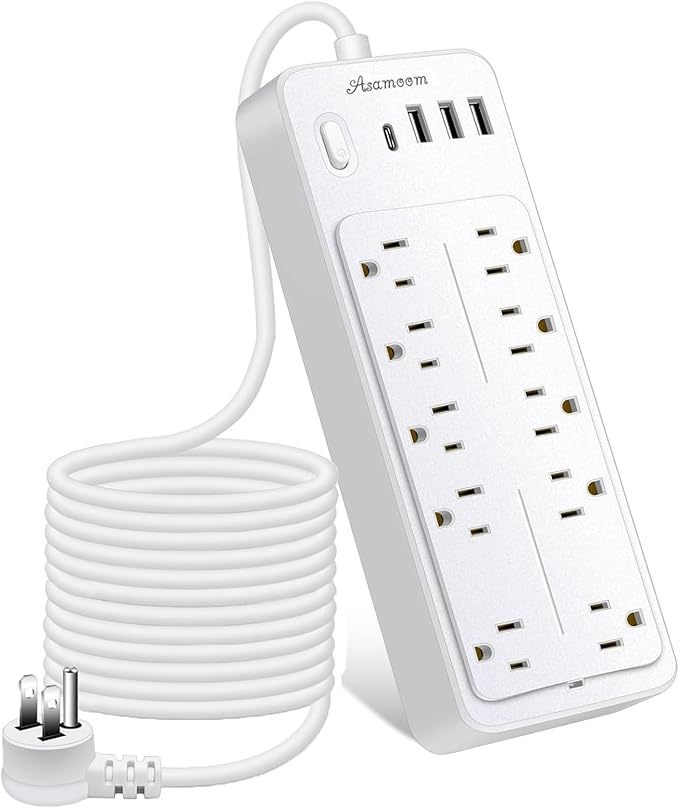 25 FT Power Strip with Surge Protection 1625W/13A, 14 Outlets and 4 USB Ports (1 USB-C), 16AWG, 1700J Flat Plug, White, ETL Listed-DeskLoop Office