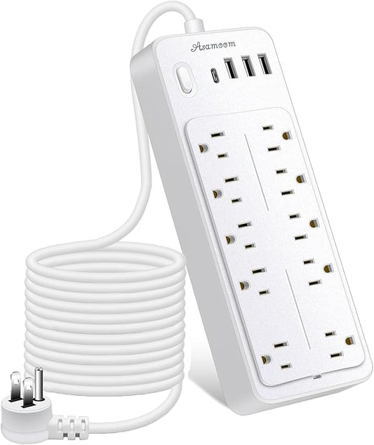 25 FT Power Strip with Surge Protection 1625W/13A, 14 Outlets and 4 USB Ports (1 USB-C), 16AWG, 1700J Flat Plug, White, ETL Listed-DeskLoop Office