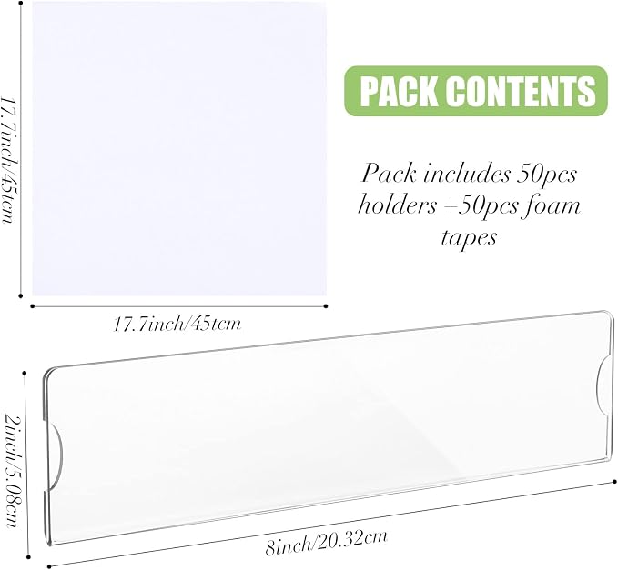 50 Sets 2 x 8 Inch Acrylic Wall Name Plate Holder Clear Plastic Sign Holder - Image 2