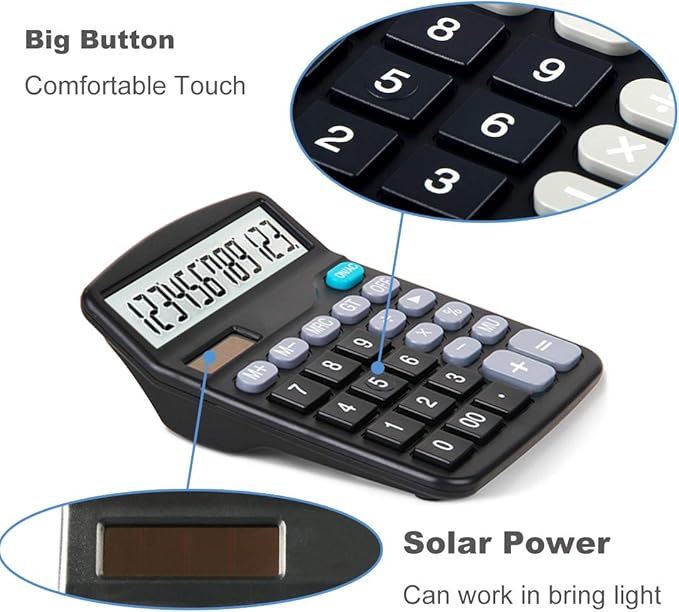 5 Pack Calculators Large Display for Desk, Solar Calculator, Basic 12 Digit Big Button Office Calculator(Black)(AA Battery Included)-DeskLoop Office