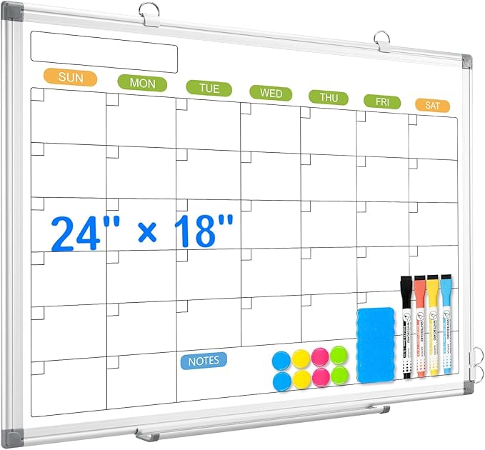 Dry Erase Calendar Whiteboard for Wall, 24" x 18" Magnetic Monthly White Board Calendar, Hanging Double-Sided White Board for Planning, Memo, School, Home, Office-DeskLoop Office