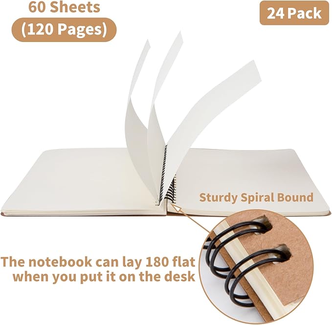 24 Pack A5 Spiral Notebook,Soft Cover,Blank Sketch,Wire-Bound Journal Notebook,120 Pages, Unlined Paper Diary Notebook for Office, Business, School Supplies-DeskLoop Office