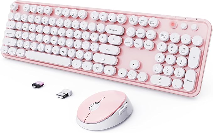 Wireless Keyboard and Mouse Combo, Ergonomic Full Size Typewriter Retro Round Keycaps Keyboard, Compatible with Windows, PC, Perfer for Home and Office Keyboards (Lovely Pink)-DeskLoop Office