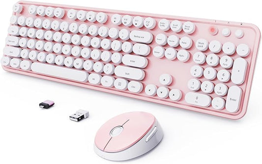 Wireless Keyboard and Mouse Combo, Ergonomic Full Size Typewriter Retro Round Keycaps Keyboard, Compatible with Windows, PC, Perfer for Home and Office Keyboards (Lovely Pink)-DeskLoop Office